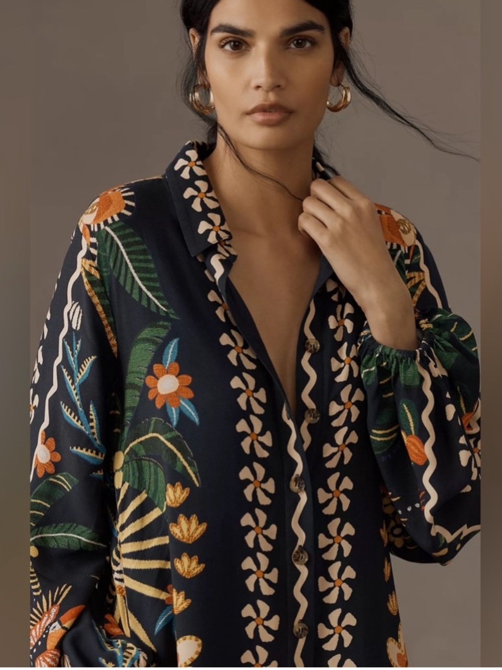 Farm Rio x Anthropologie Floral Long Sleeve Button Front Midi Maxi Shirt Dress - Picture 2 of 9